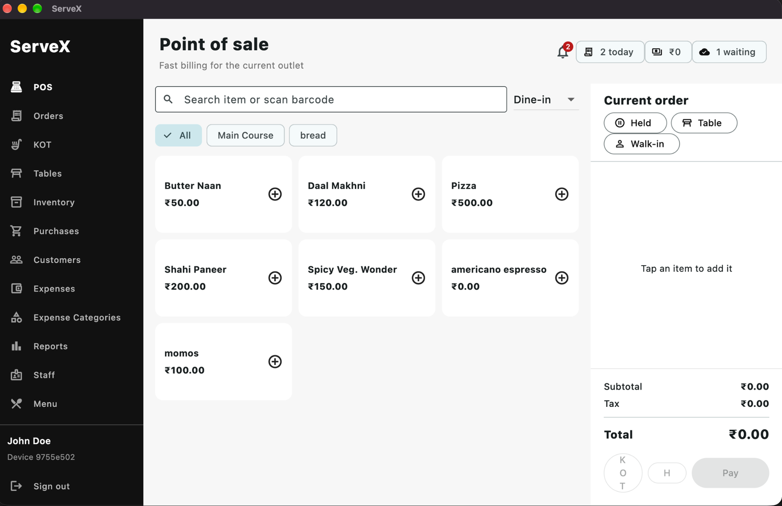 ServeX restaurant POS billing interface